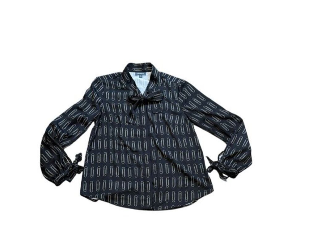 ModCloth Paperclip All Over Print Pussybow Tie Blouse Women's Size Large - Work